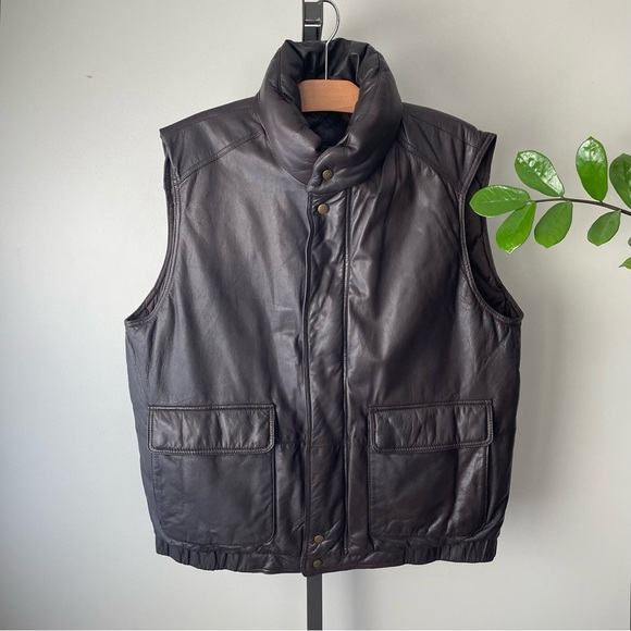 Vintage Eddie Bauer Down Filled Genuine Leather Puffer Vest Chocolate Brown XL - Picture 1 of 12